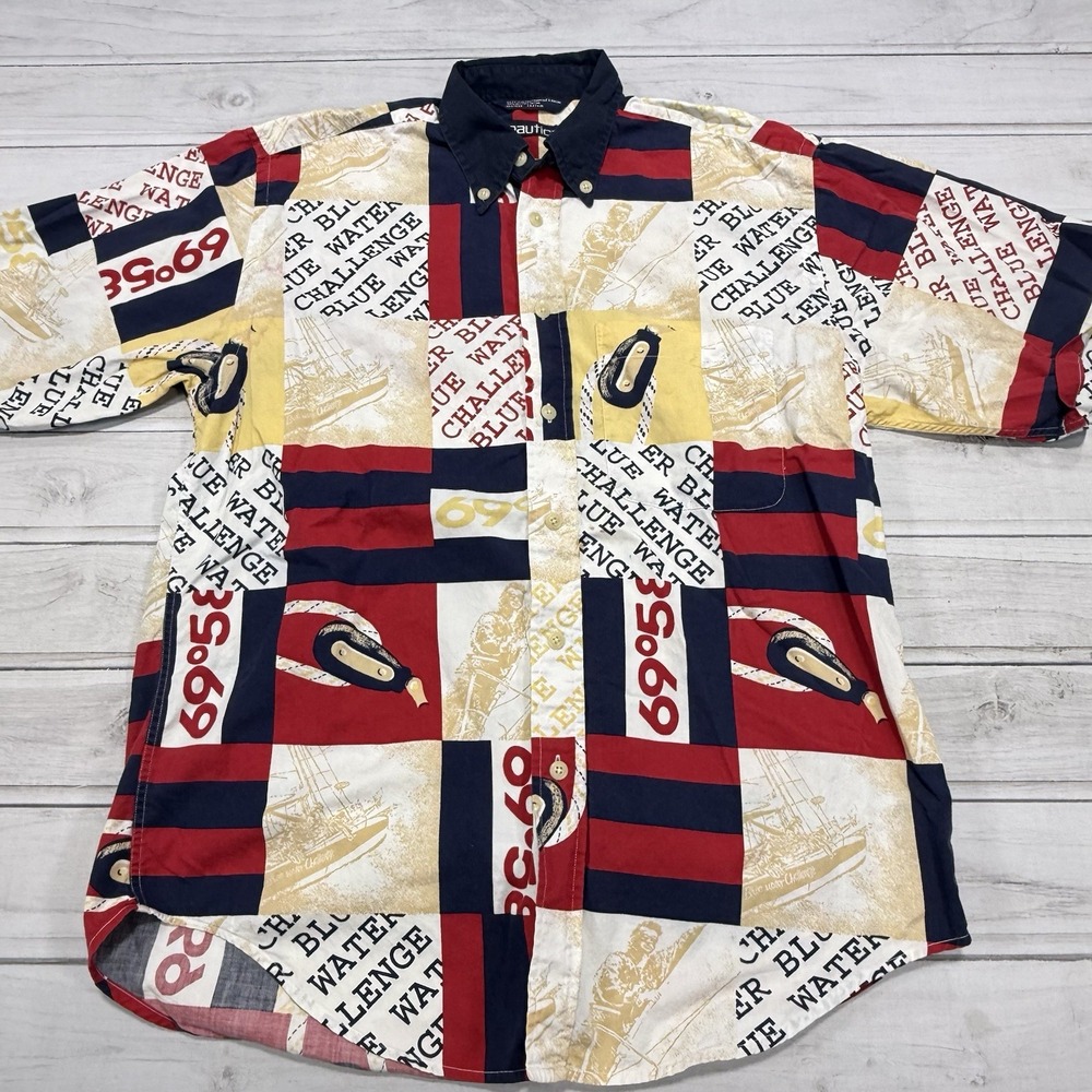Nautica Shirt Med Water Challenge Sailing Boating Flag All Over Print VTG 90s